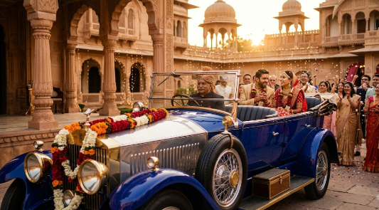 Vintage Red Car Wedding Baraat Entrance Saat Phere Films
